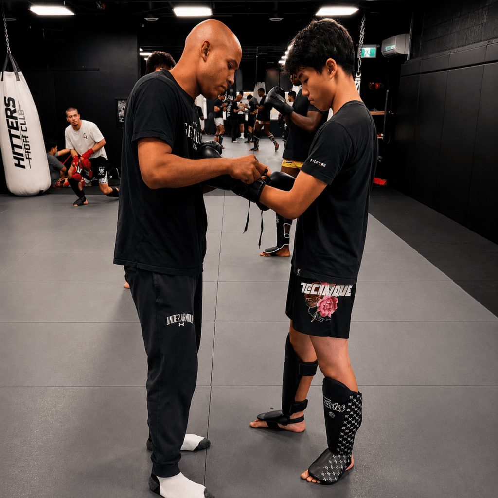 Head Coach Evan helping a beginner student properly fit and secure boxing gloves before Muay Thai class at Hitters Fight Club Toronto.