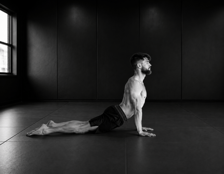 Man performing an Upward Dog yoga stretch during an Active Yoga class at Hitters Fight Club Toronto to improve mobility, flexibility, and recovery.