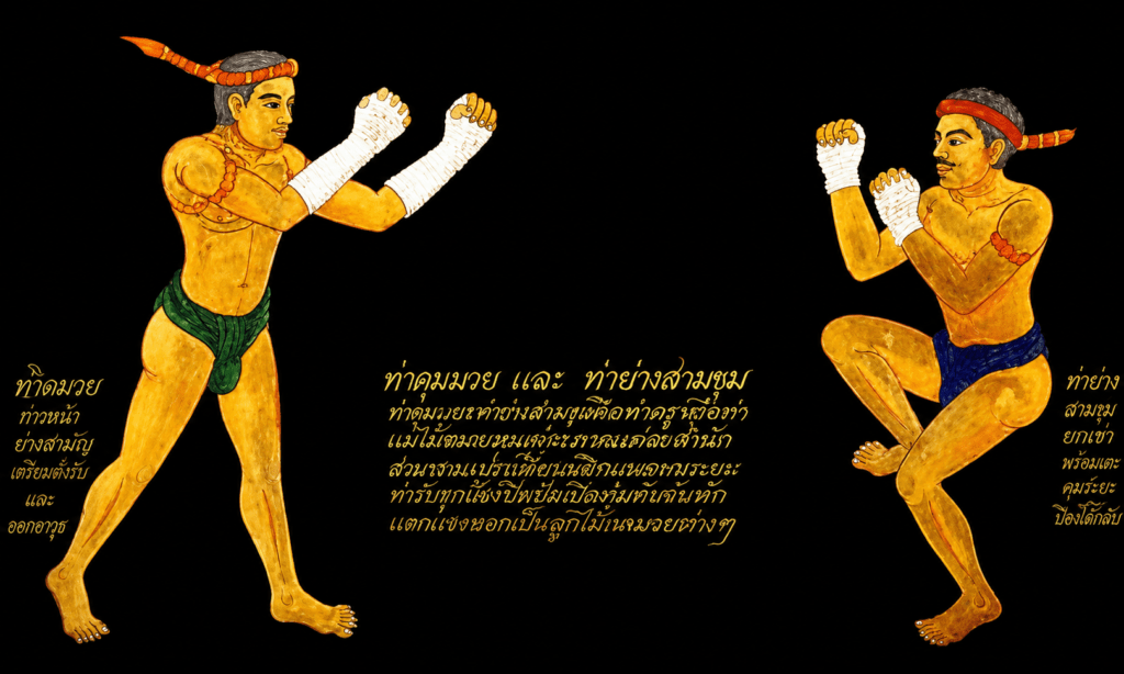 Traditional illustration depicting the ancient origins of Muay Thai, showcasing early Siamese martial arts techniques that evolved into the modern sport practiced around the world today.